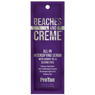 Purple packet of Beaches and Creme All-in Intensifying Serum on a white background