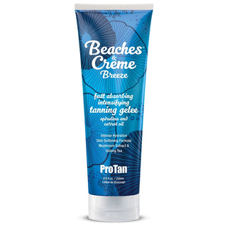 Blue tube of ProTan Beaches & Creme Breeze tanning gelée on a white background