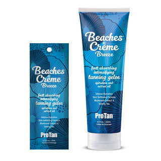 Beaches & Cèreme Breeze tanning gelee packaging with blue and white design.