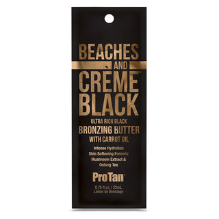Beaches and Creme Black bronzing butter packaging with gold text on a white background