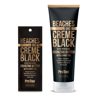 Tube and packet of Pro Tan Beaches and Creme Black bronzing butter on a white background