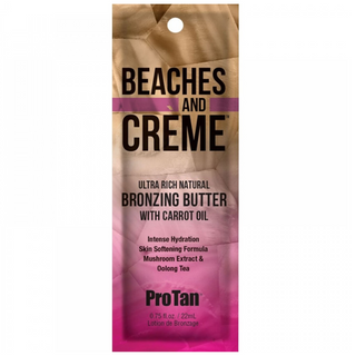 Beaches and Creme bronzing butter packaging with a gradient from pink to brown.