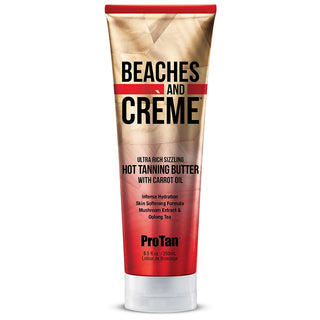 Tube of ProTan Beaches and Creme tanning butter on a white background