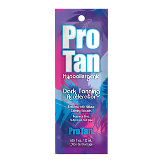 Pro Tan Hypoallergenic Tanning Accelerator Sachet. dark tanning accelerator enriched with natural calming extracts. fragrance free, nut free, gluten free. 22ml lotion de bronzage
