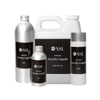 NSI HEMA-Free Acrylic Liquid available in 500ml silver bottle, a 150ml silver bottle, a 250ml white bottle, and a large 946ml all with black labels on a white background.