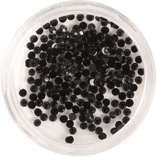 Clear container filled with black round rhinestones on a white background