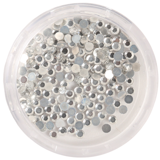 Clear container filled with silver rhinestones on a white background
