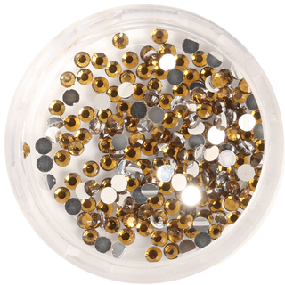 Clear container filled with gold bronze round rhinestones on a white background