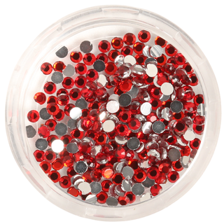 Clear container filled with red rhinestones on a white background