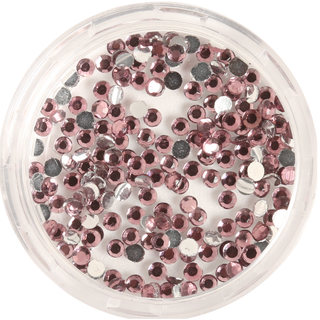 Clear container filled with pink rhinestones on a white background