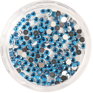 Clear container filled with blue round rhinestones stones on a white background