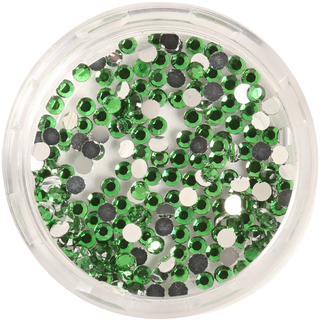 Round container filled with green rhinestones on a white background