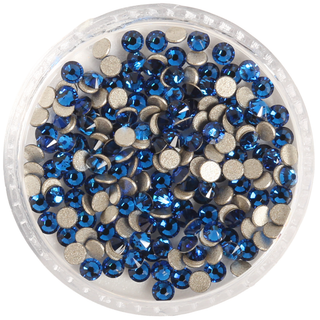 Clear container filled with blue rhinestones on a white background