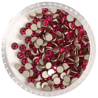 Round container filled with red rhinestones on a white background
