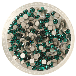 Round container filled with green rhinestones on a white background
