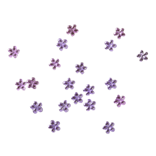 Purple flower-shaped rhinestones scattered on a white background