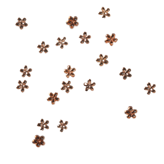 Brown flower-shaped rhinestones scattered on a white background