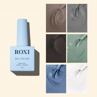 ROXI Gel Polish bottle in a pale blue shade, next to six color swatches showing different gel polish colors with brushes swirling in the polish.
